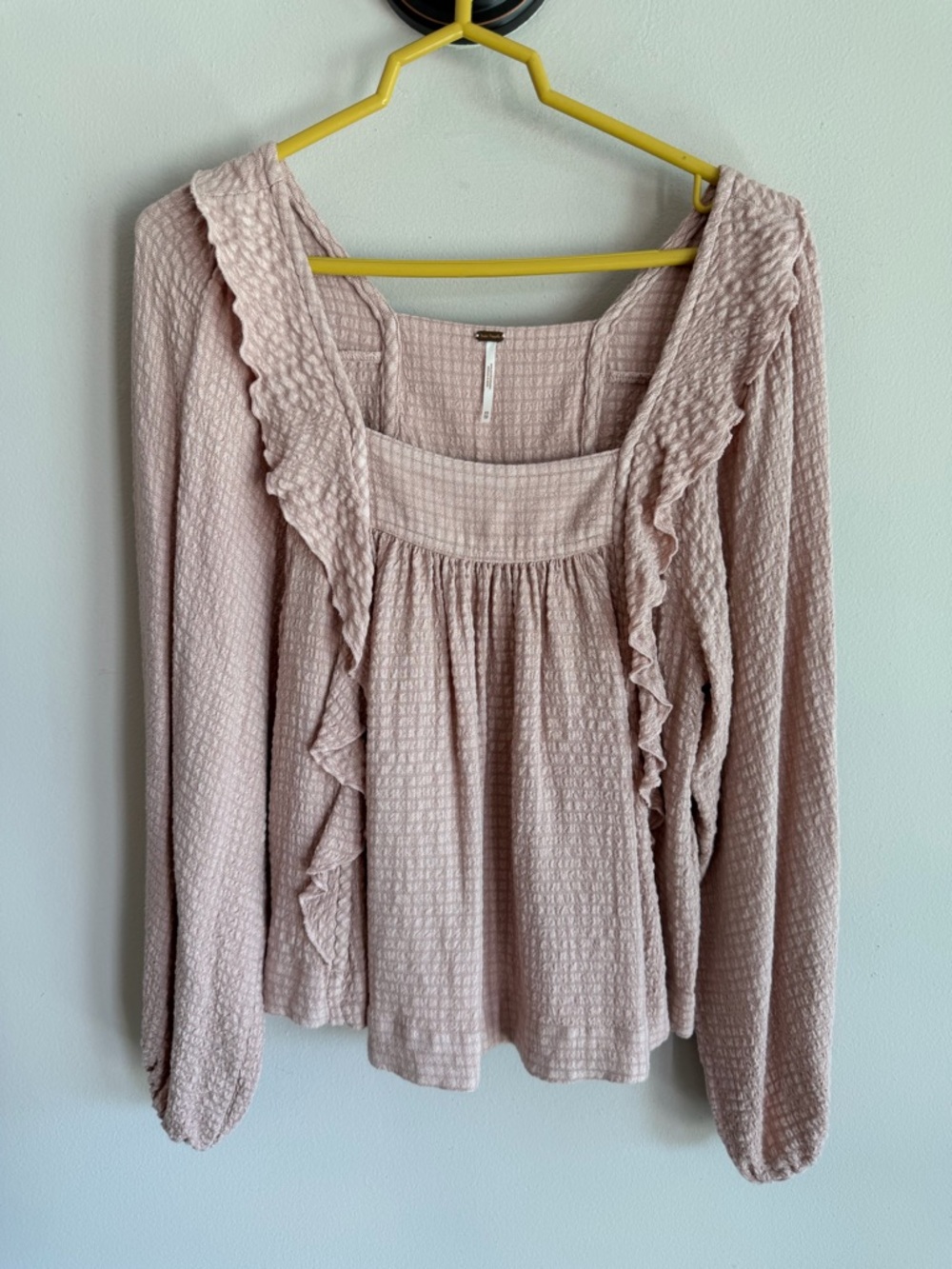 Free People Dusty Rose Pink Ruffle Square Neck Long Sleeve Blouse Top XS